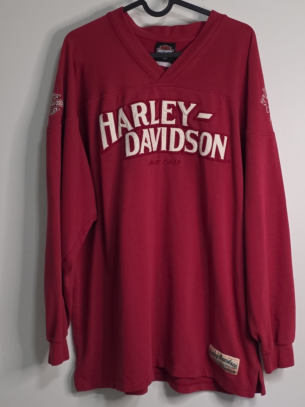 Harley-Davidson Men's Deep Red V-Neck Pullover Sweater with Embroidered Logo
